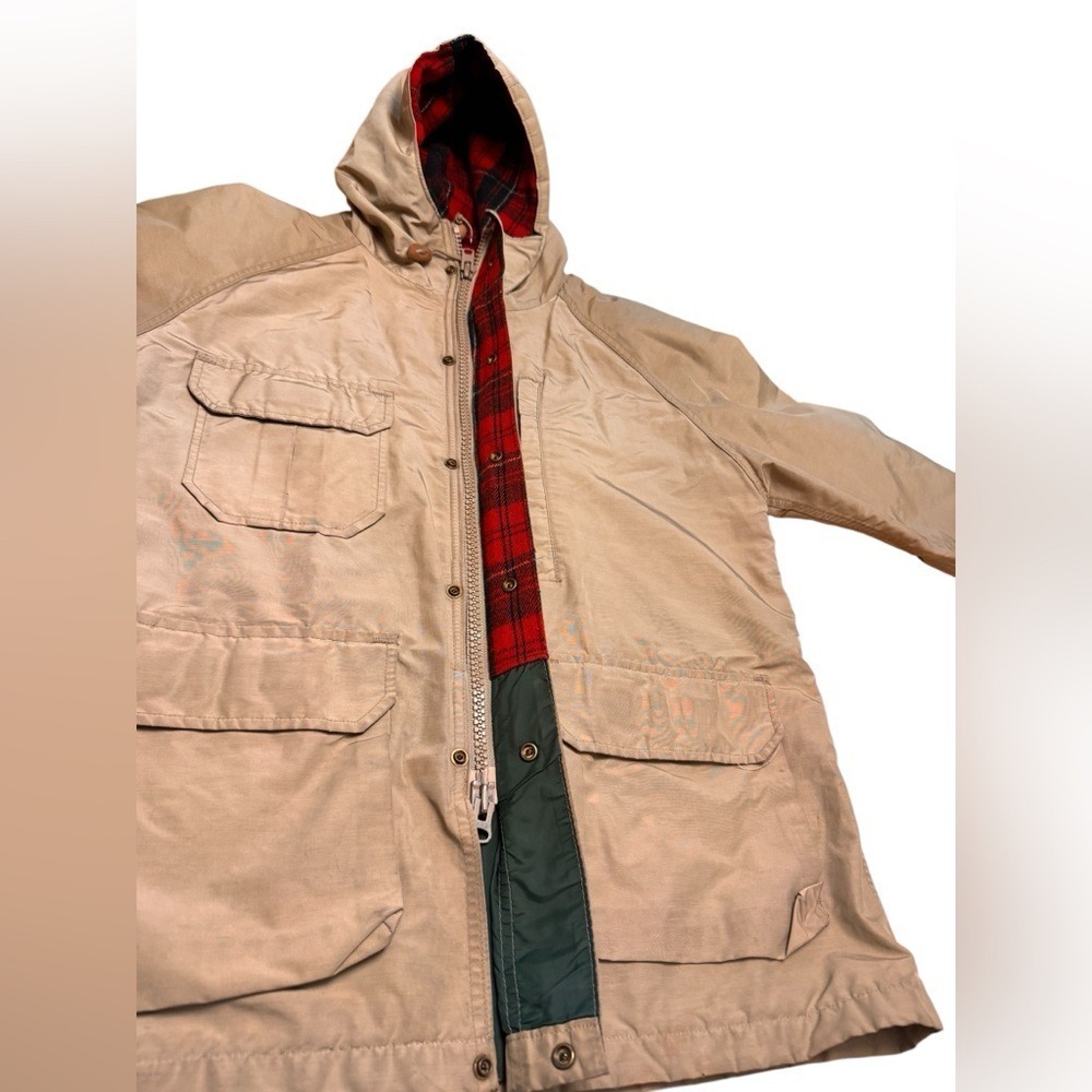 Woolrich Vintage Hooded Field Jacket Tan Plaid Lined Utility Coat Women L XL EUC - Picture 7 of 16